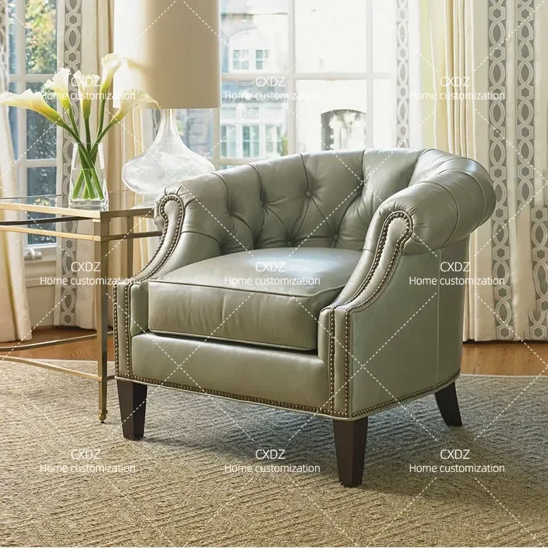 Modern Solid Wood Fabric Lounge Chair Leather Buckle Soft Cushion Balcony Sofa Single Seat