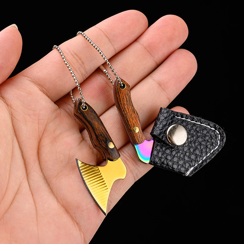 Mini ​440 Stainless Steel Axe Hatchet Pocket Knife Keychain EDC Full Tang Wood Handle Gift with Sheath Keyring Box Cutter Tools