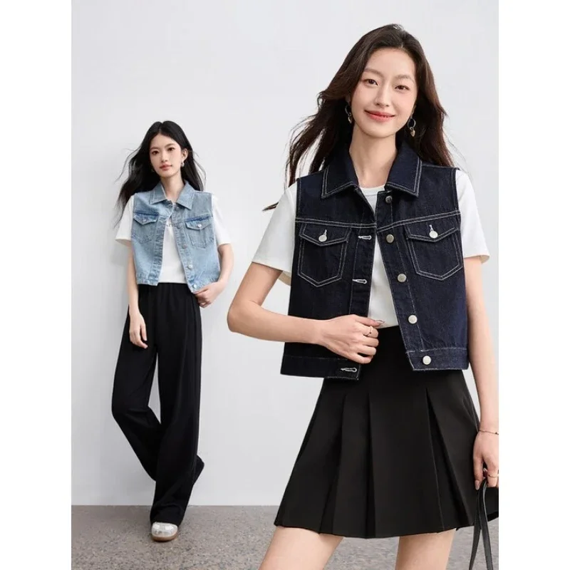 

SENTUBILA женский короткий жилет из чистого хлопка, винтажный отложной летний жилет на пуговицах 202, свободный женский джинсовый жилет без рукавов W52JC2056