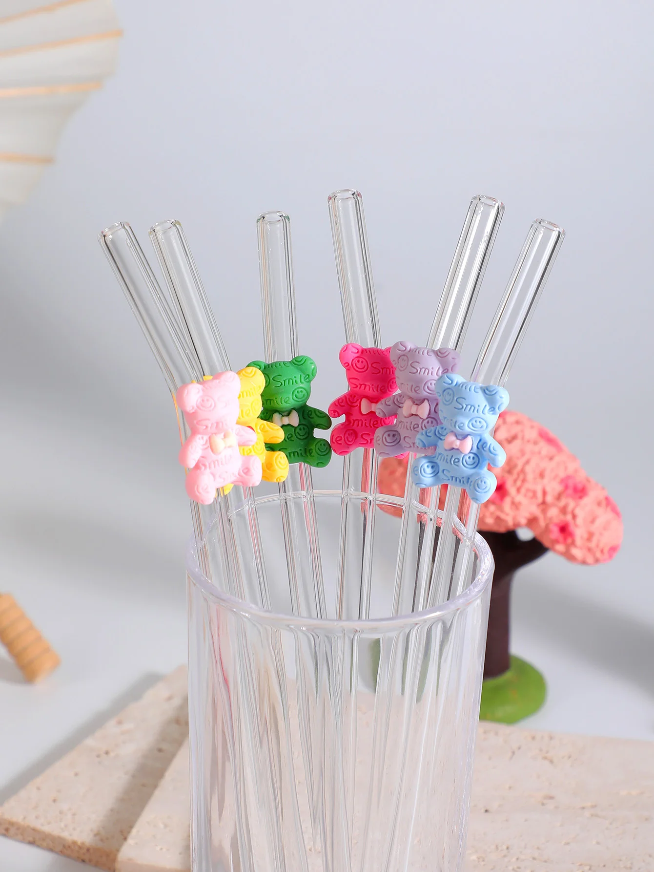 3/6 قطع من قش الزجاج الملون مع فيونكة، شفاطة منحنية قابلة لإعادة الاستخدام لشاي بوبا والمشروبات والكوكتيلات، هدية متجر الحلوى للنزهات والحفلات #2