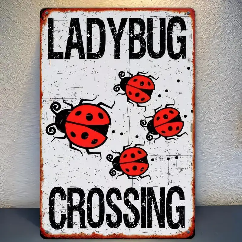 Vintage Distressed Ladybug Crossing Metal Tin Sign - Red/Black Ladybugs Design, Retro Iron Wall Art for Home/Garden/Kids Room –