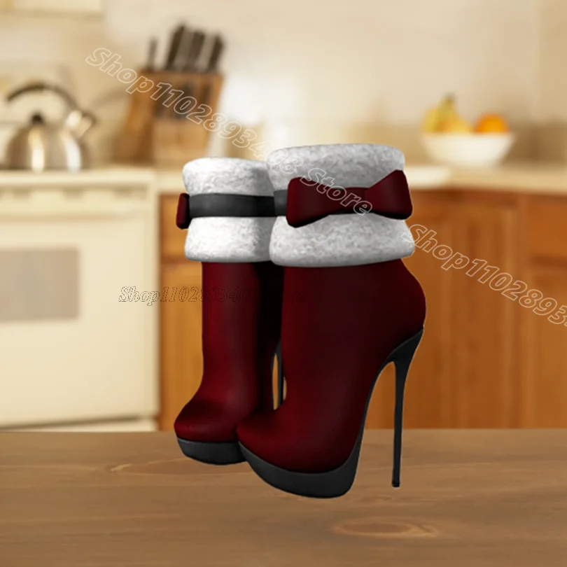 

Red Bowknot Fur Winter Boots Stiletto Platform Round Toe Side Zipper Design Women Dress Sexy Short Boots Zapatos Para Mujere