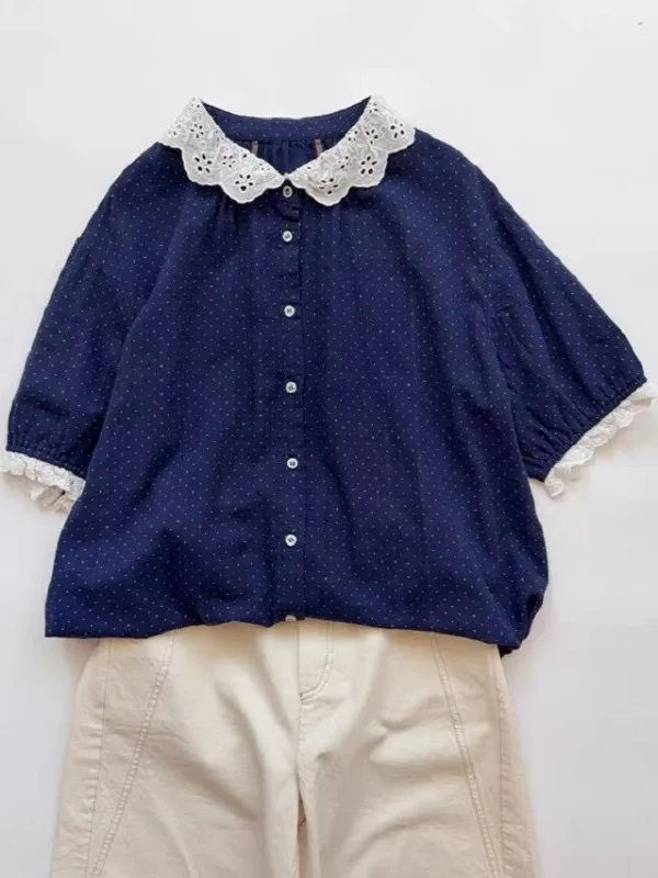 Deep Blue Polka Dot Pure Cotton Casual Loose ort Sve irt Women's Summer Comfortable Versatile Lace Collar Loose Fit irt