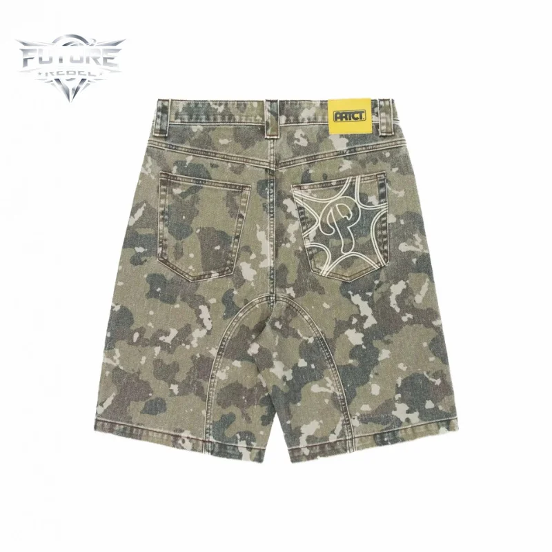 Mens Denim Shorts Vintage Camo Embroidery Protect Streetwear Harajuku Unisex Loose Fit Washed Five Length Casual Fashion Trend