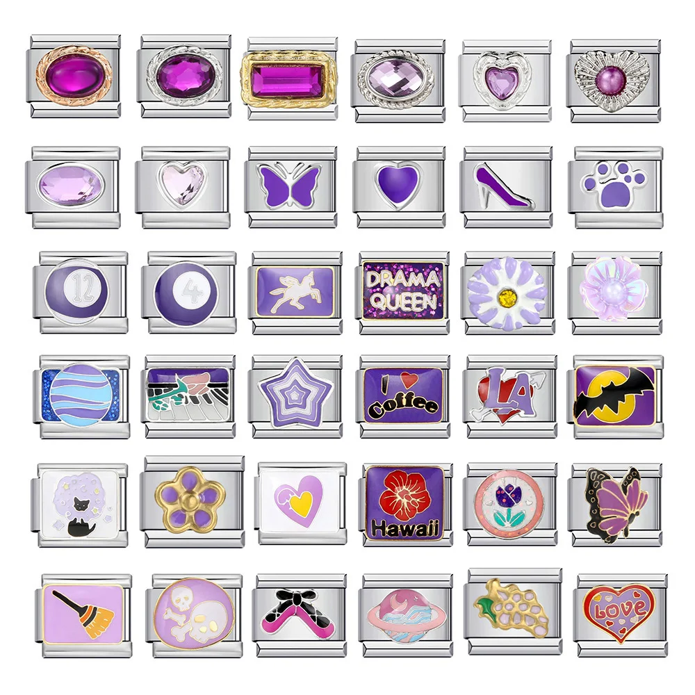 

2025 New Purple Color Heart Butterfly Star Italian Charms Link 9mm Bracelets Stainless Steel for Woman DIY Making Jewelry Gift