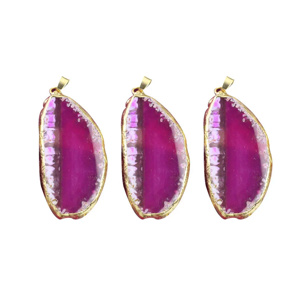 3Pcs Pack Agate Slice Pendants Natural Stone DIY Charms with Metallic Plated Edge Perfect for Necklace Making Bracelet Dangle