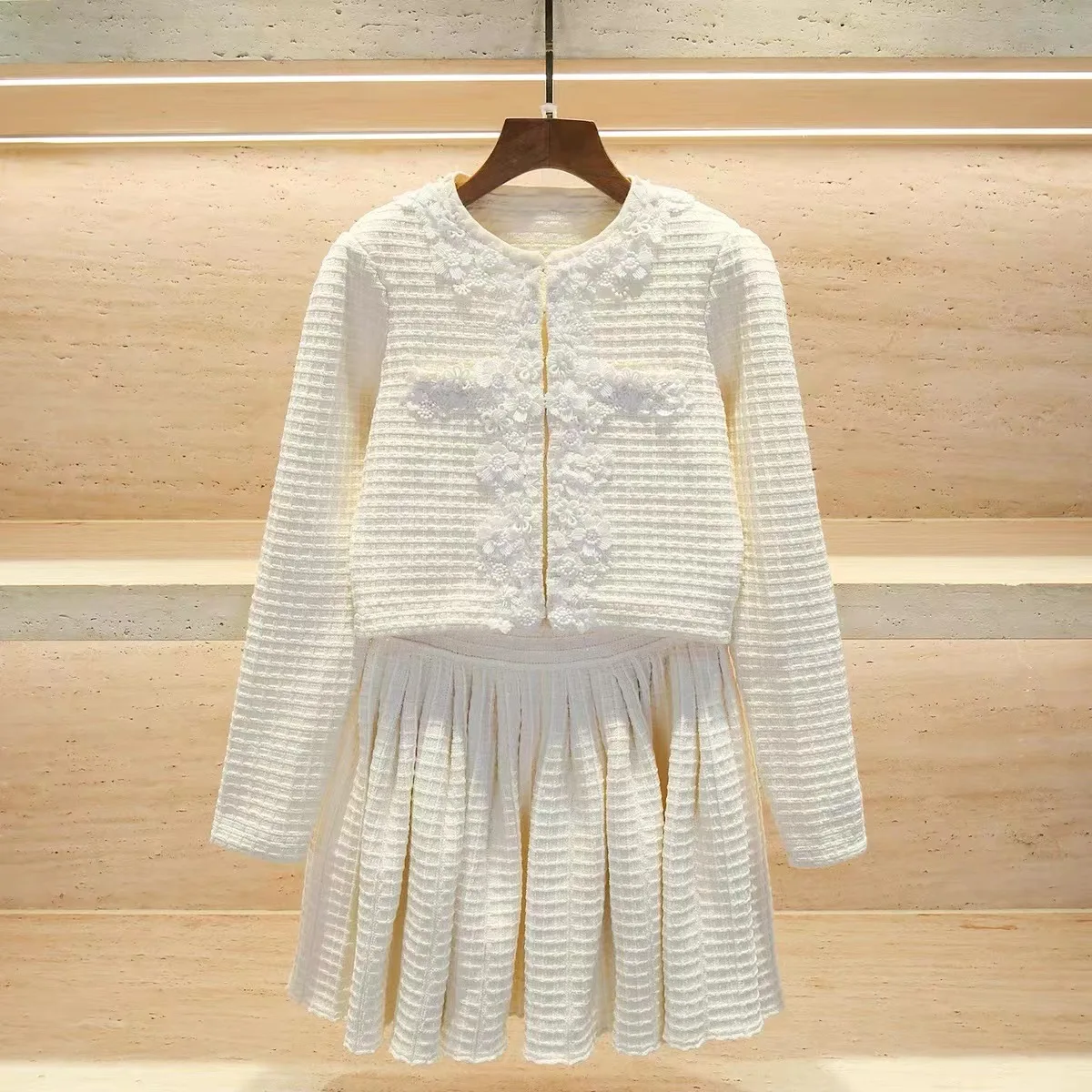 Women's fashion summer dresses 2024 Early Spring Ivory White Waffle Knit Set