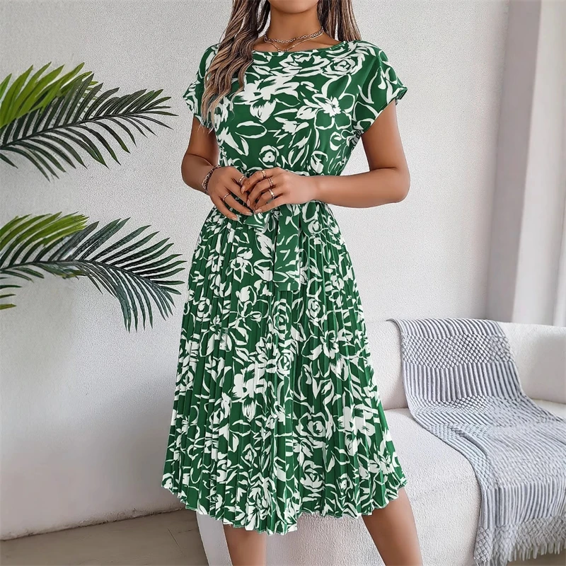 Women's Clothing 2025 Summer New Casual Short-sleeved Floral Strap Dress Pleated Skirt Fashion O Neck Casual Dresses Robe Femme