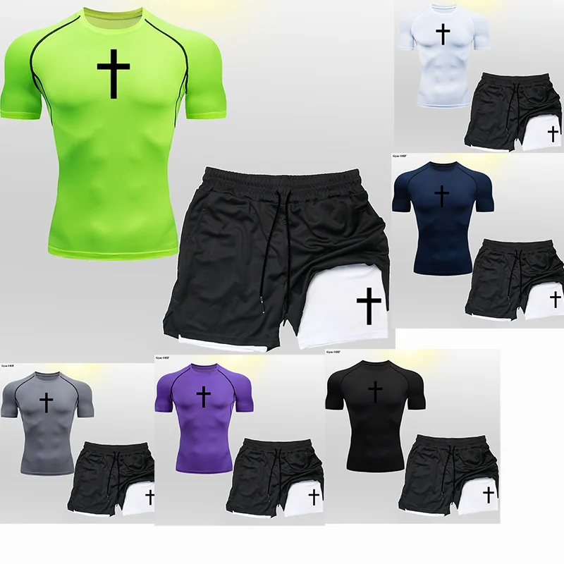 

2026Мужской компрессионный спортивный костюм для спортзала, футболка с короткими рукавами, спортивный комплект, 2 шт., шорты для бега для тренировок, спортивный костюм для фитнеса 2 в 1