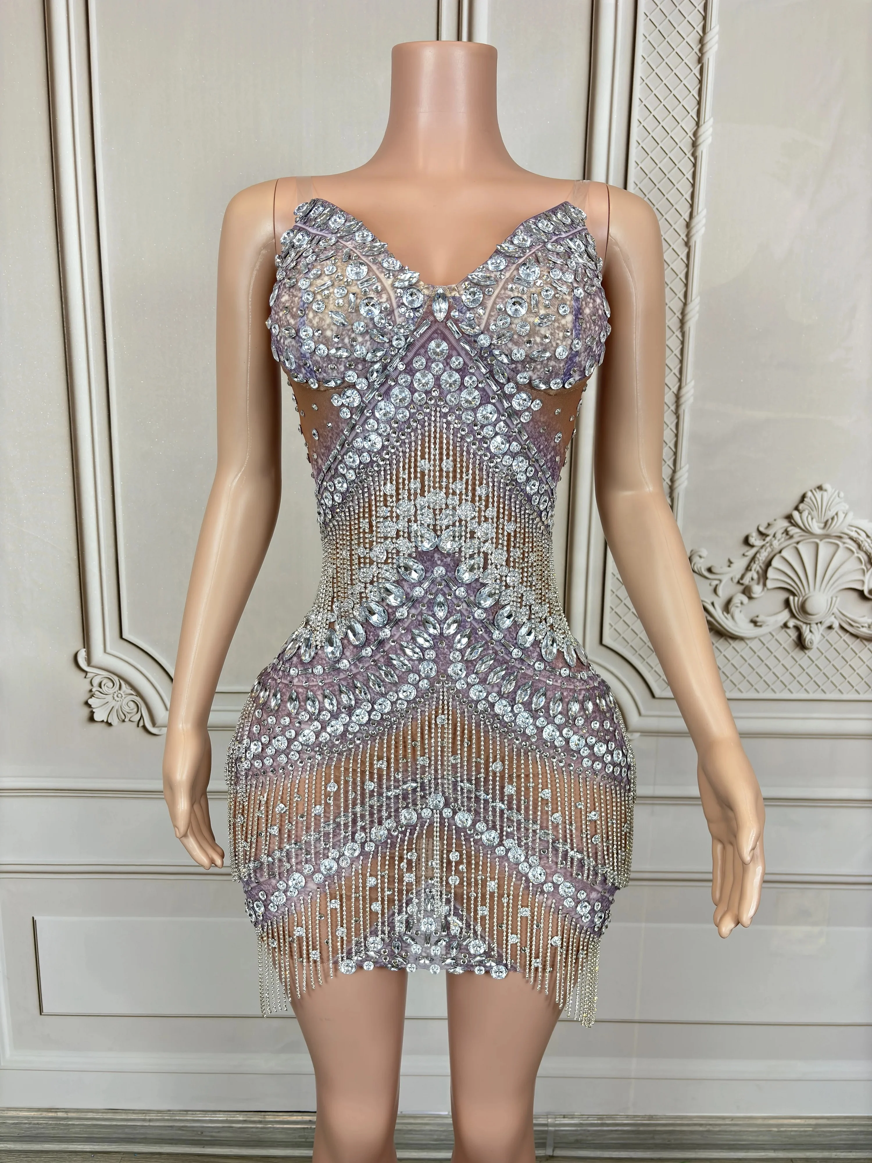 2025New Design Women Luxury Sparkly Rhinestones Chain Short Dress SexyMesh Stage Celebrate Evening Birhthday Party Photo Costume