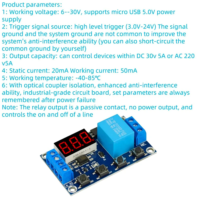XY‑J02 1‑Channel Relay Timer Module 5V Trigger 6–30V Power Delay Switch Cycle Timer 0.1s–999min Adjustable ON/OFF Control