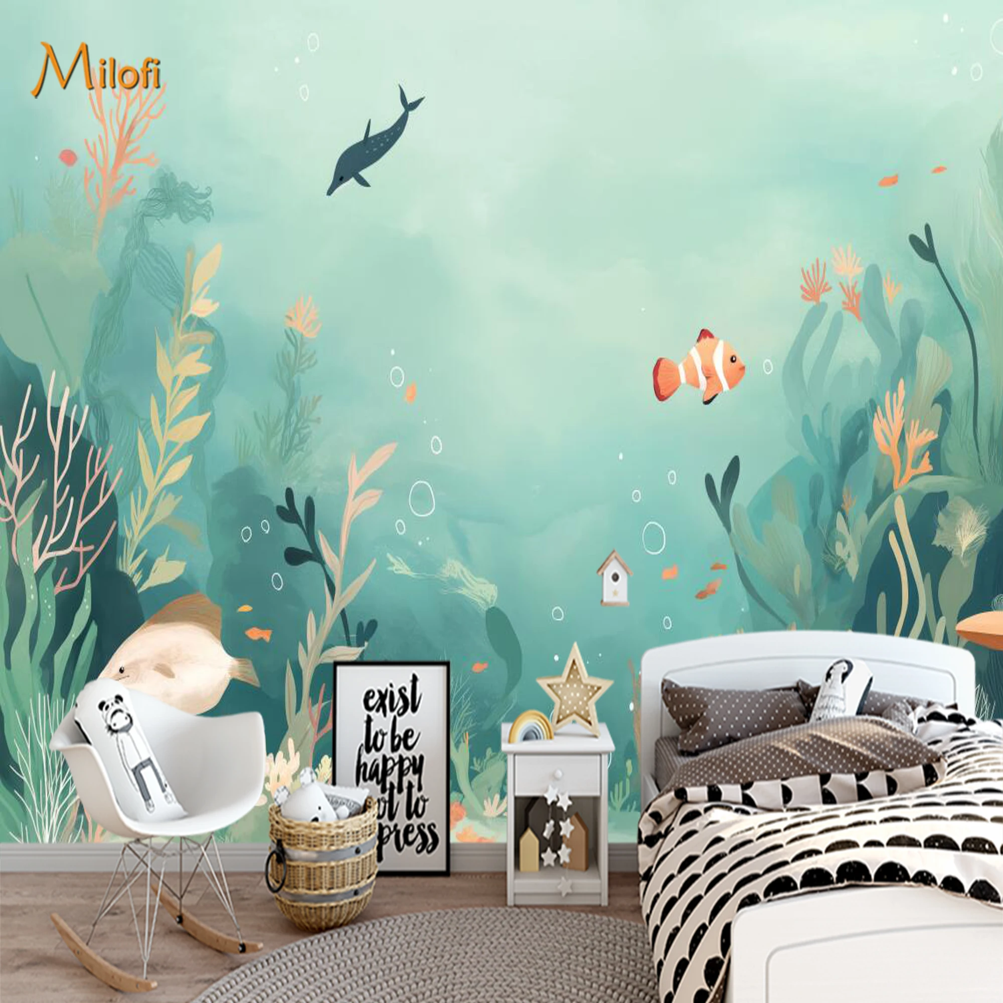 Custom Underwater World Mural Wallpaper Dolphin Clownfish Coral Reef Seaweed Watercolor Wall Paper for Kids Nursery Decor