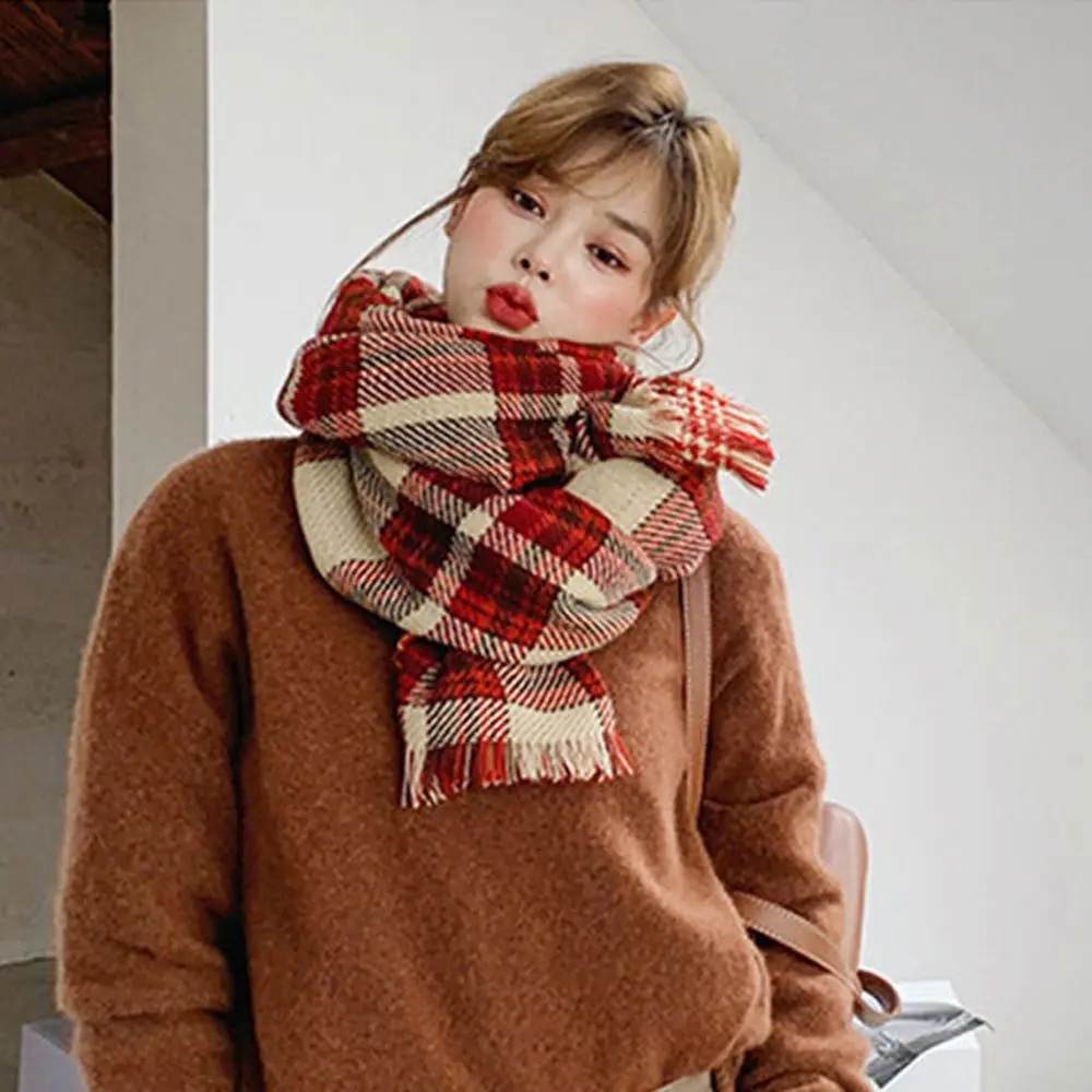 Warm Shawl Double-Sided Cold-proof Houndstooth Plaid Neckerchief Christmas Muffler Wrap Women Scarf