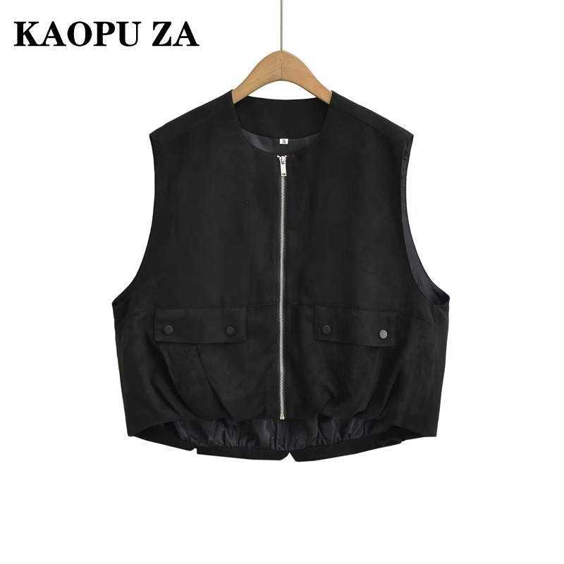 

KAOPU ZA Woman's 2024 New Autumn Vintage Pockets Ruffles Solid Color Gilet Top Female Casual zipper Sleeveless O-Collar Vest