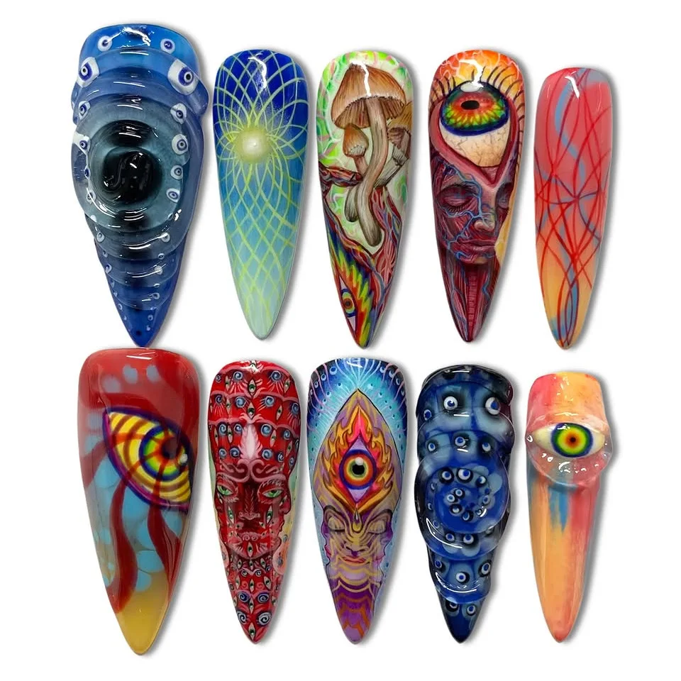 24 faux ongles à presser pour Halloween, motifs tripes, psychédéliques, œil maléfique, champignons, gothiques, hippies, abstraits, pour femmes