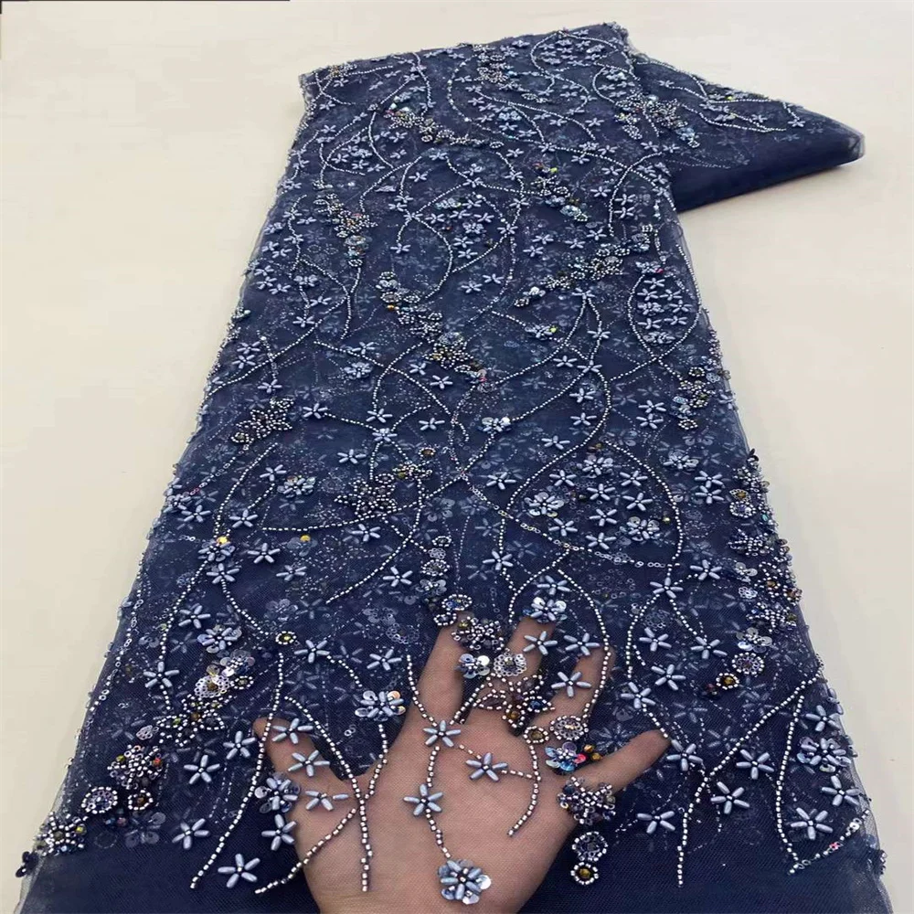 Newest 2023 High Quality African Nigerian Tulle Laces Fabric Sequins Embroidery French Wedding Party Dress Beaded 5 Yards XZ3507