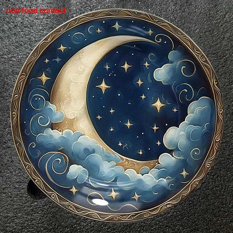 1pc Vintage Moon and Stars Ceramic Hanging Wall Plate - 8.0inch Round Non-Food Contact Art Plate for Home Decor, Jewelry