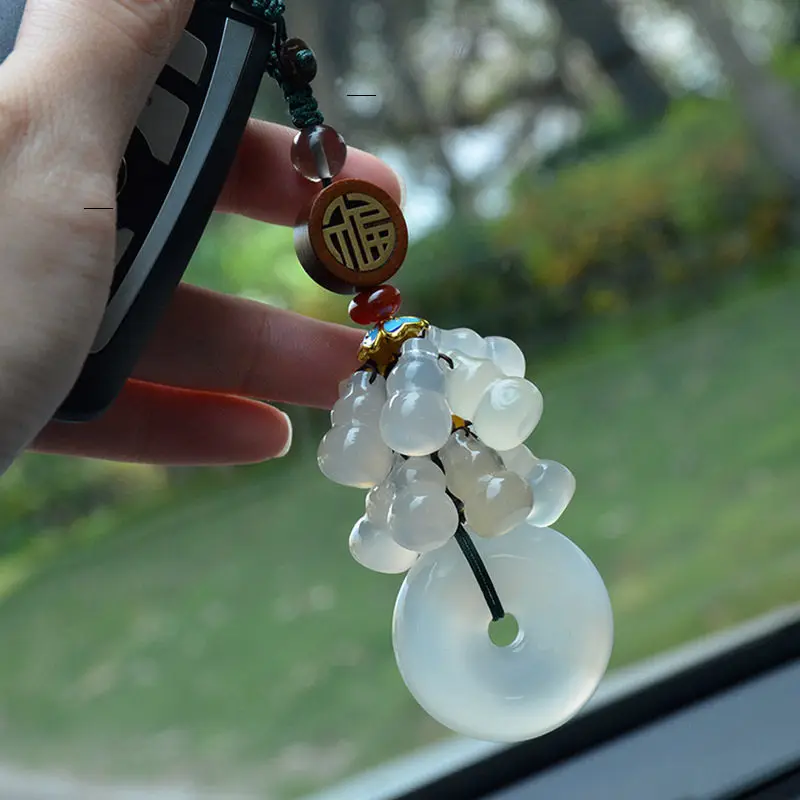 Feng Shui Gourd Keychain Natural Jade Chalcedony Agate Good Luck Blessing Protection Car Key Ring Bag Charm For Women Men Gifts