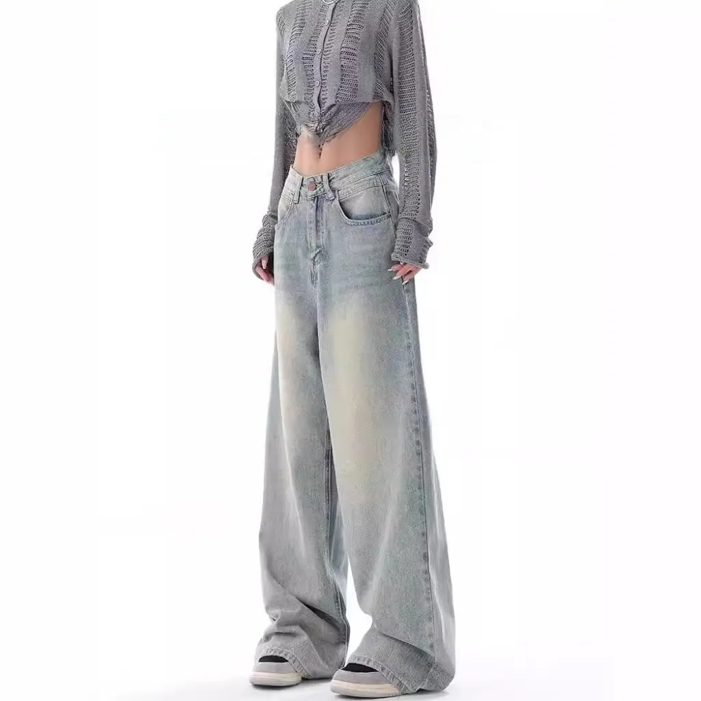 KEN STUDID Pantalon à jambes larges pour femme, jean coupe ample au design rétro américain pour début d'automne