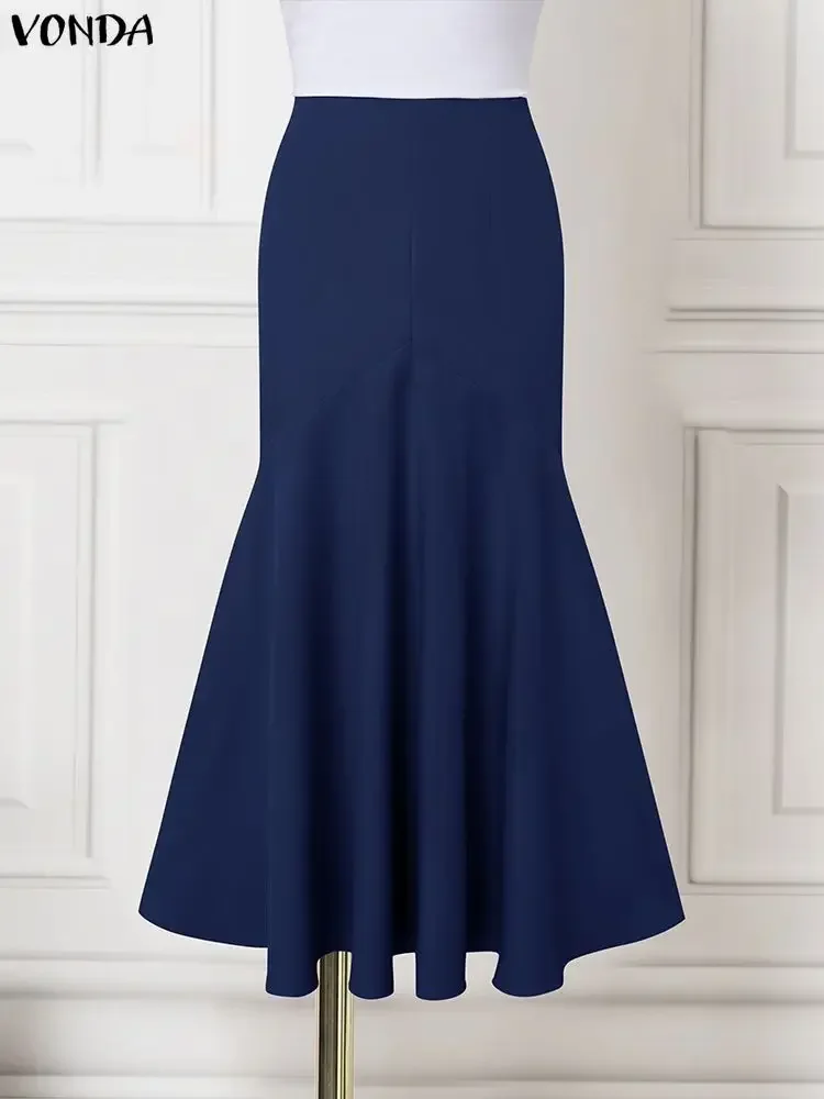 

VONDA женские элегантные длинные юбки Jupes Faldas Saia с высокой талией и рюшами «рыбий хвост», осенняя однотонная модная офисная юбка макси 2025, макси-низ