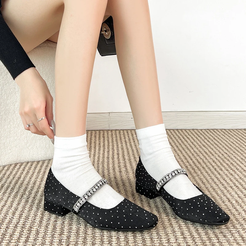 

Polka Dot Rhinestone Strap Chunky Heel Mary Jane Shoes for Women French Style High Heels Women's Spring and Autumn Single