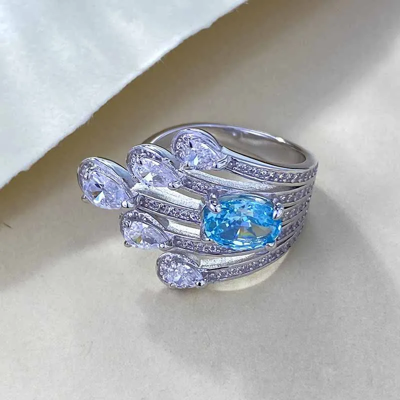 

Boutique Jewelry S925 Silver Ring 6 * 8mm Palaiba Blue Meteor Luxury Set Zircon Fashion Ring Boutique Versatile Women's Jewelry