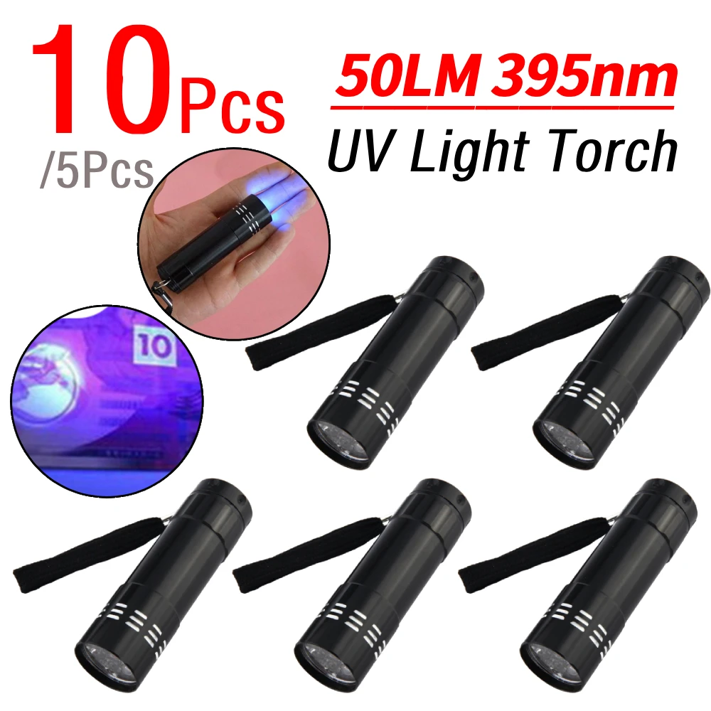 

3/5Pcs 50LM 395nm Ultraviolet LED Flashlight 9LED Mini Ultraviolet Torch Waterproof Portable for Fluorescent Agent Currency Test