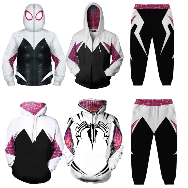 

Superhero Cosplay for Spider Gwen Stacy Hoodies Zipper Coat Adult Kids Costume Hooded Pullover Streetwear