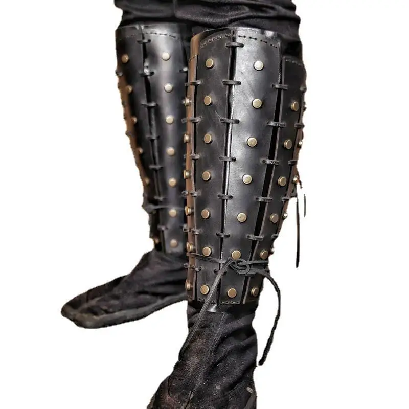 Medieval Warrior Leg Guard Boot Covers, Viking Pirate PU Leather Rivet Lace-up Adjustable Cosplay Props Essential
