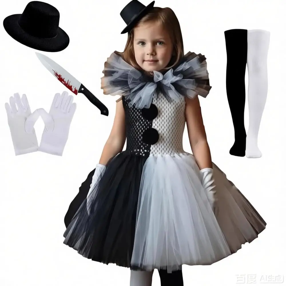 Terrifier Kids Black White Tutu Dress Girls Cosplay Weirdo Creature Joker Costume Halloween Party Role Play Horror Clown Outfit