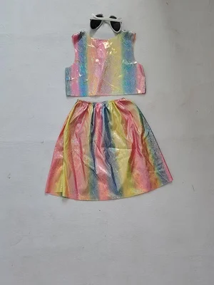 Girls Rainbow Shiny Two Piece Outfit, Sleeveless Crop Top & Elastic Skirt for Party Cosplay Dress Up