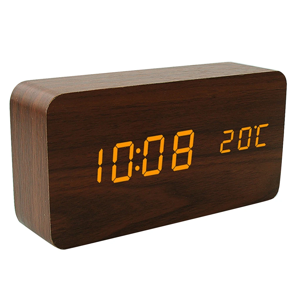 Wooden LED Alarm Clocks Electronic Clock Sounds Control Digital Display Desktop Calendar Table Clock Brown