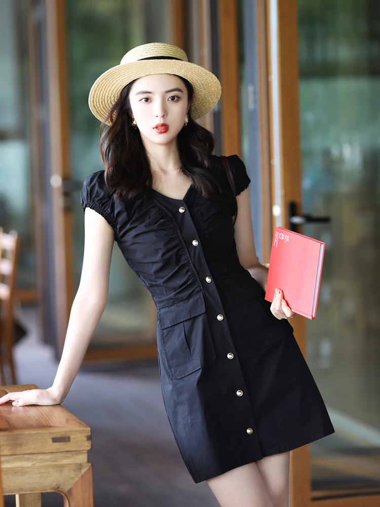 

Retro V-neck Pleated Dress Slimming Short Skirt Tea Break Style Women's Fashion Summer Polyester Fiber Single-Breasted