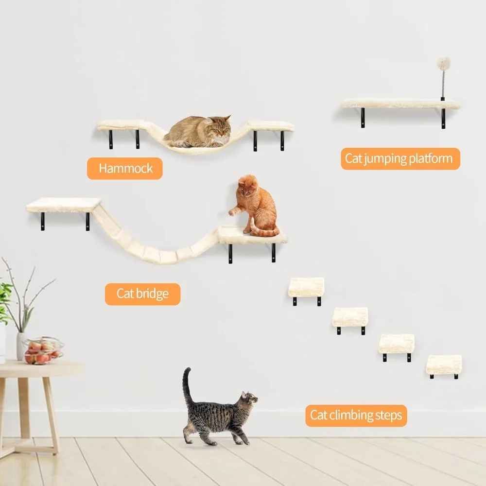 ติดผนัง Cat Climber ชุดชั้นวางปีนเขา, Perches, สะพาน, เปลญวน, Scratching Board & Ball - 7 ชิ้นไม้ในร่มแมว Furn