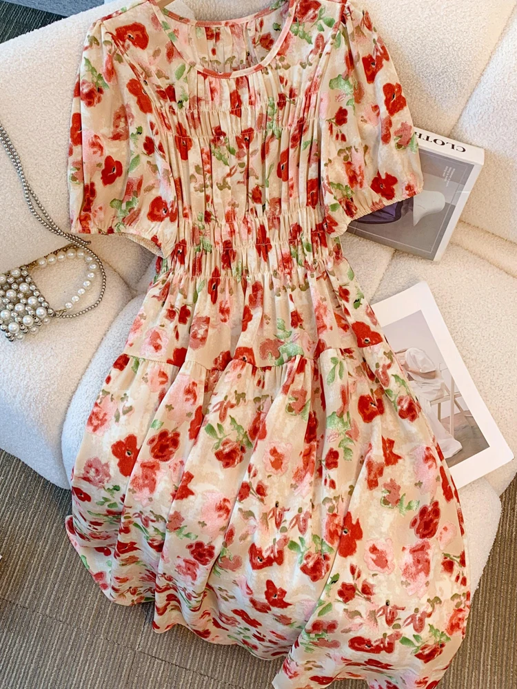 فستان نسائي مقاس كبير من NYFS لصيف 2025 فستان فضفاض كبير على شكل زهرة عالية الخصر وأكمام منتفخة فساتين طويلة رداء Elbise على الطراز الكوري