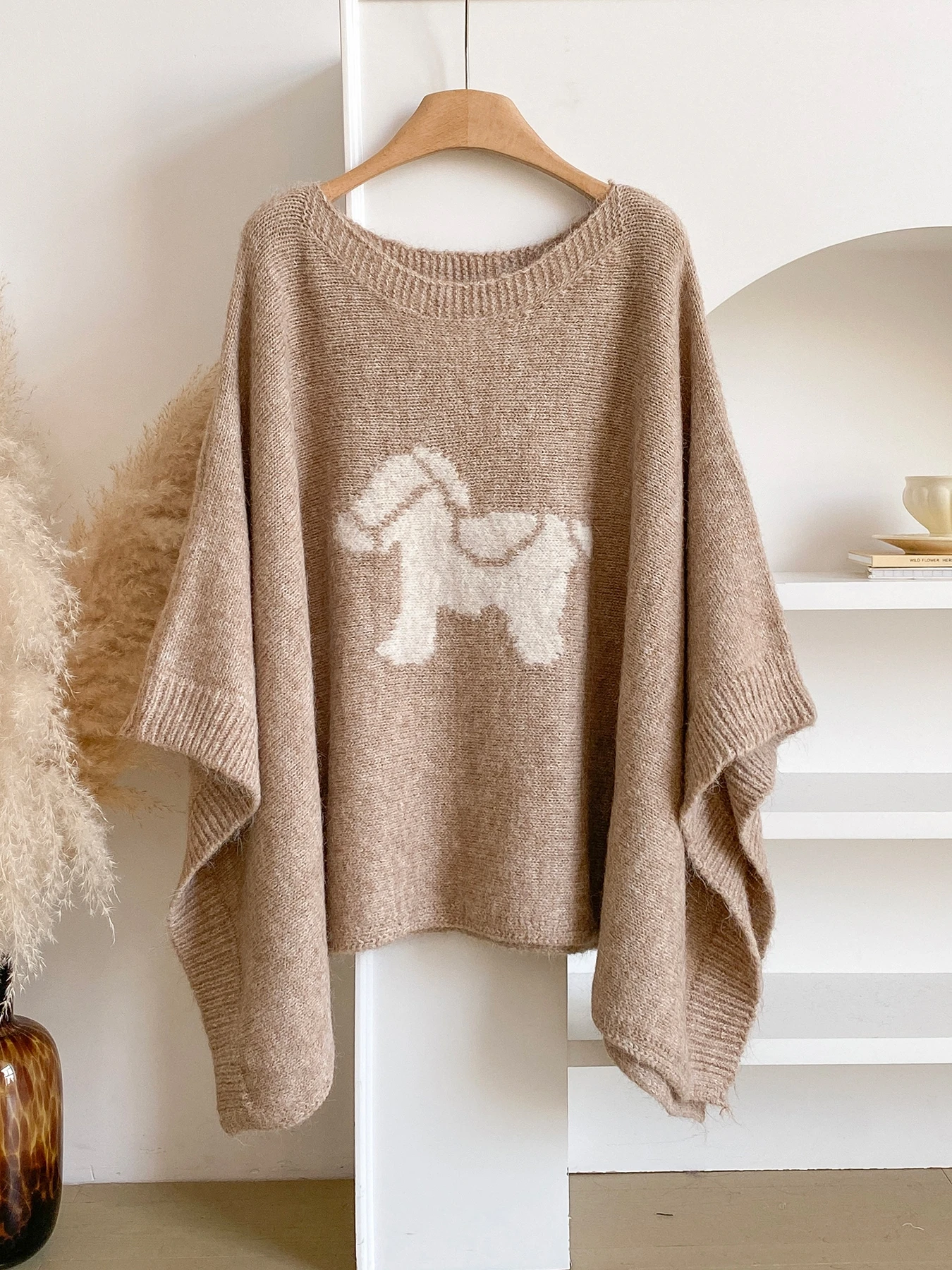 Horse Pattern Knit Women Poncho, Soft Cashmere‑Feel Shawl, Irregular Cape Cloak, Chic Animal Print Autumn Winter Ladies Wrap