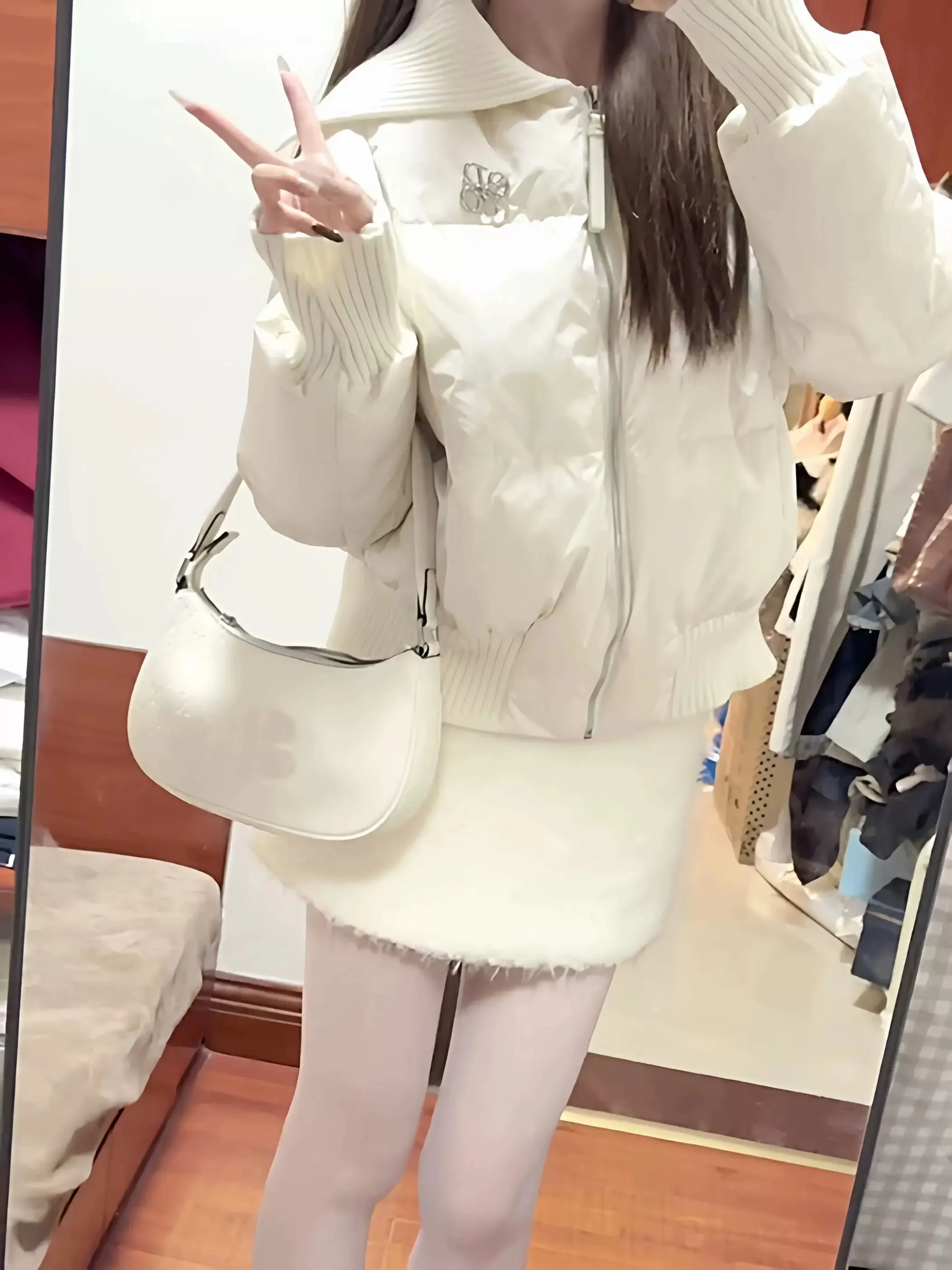 

American Style Collared Thickened Short down Cotton Jacket Warm Knitted Splicing Winter Outerwear Stylish Top for Women