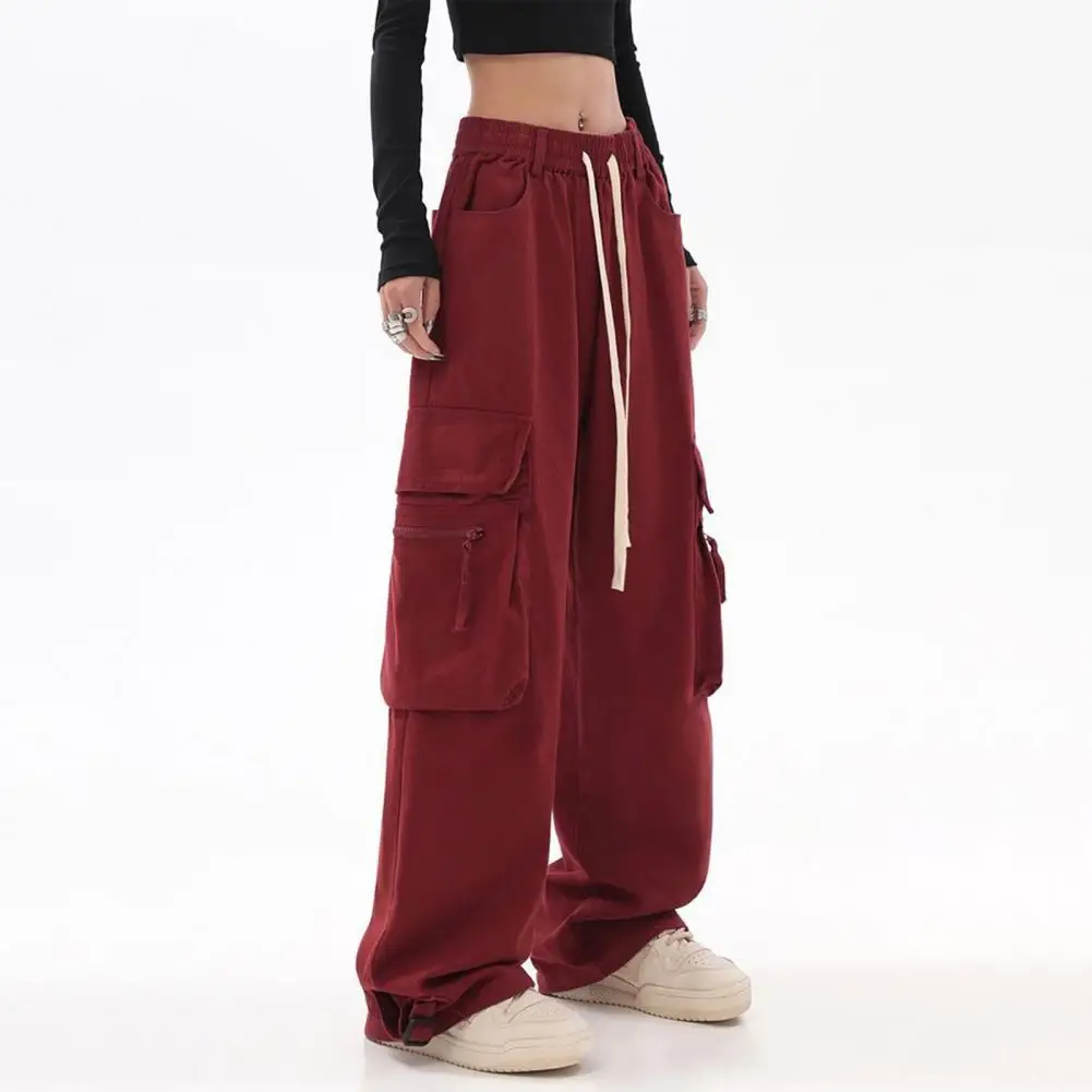 Calça de perna larga feminina cargo, calça feminina com elástico na cintura, bolsos múltiplos, confortável, monocromática, esportiva para atividade