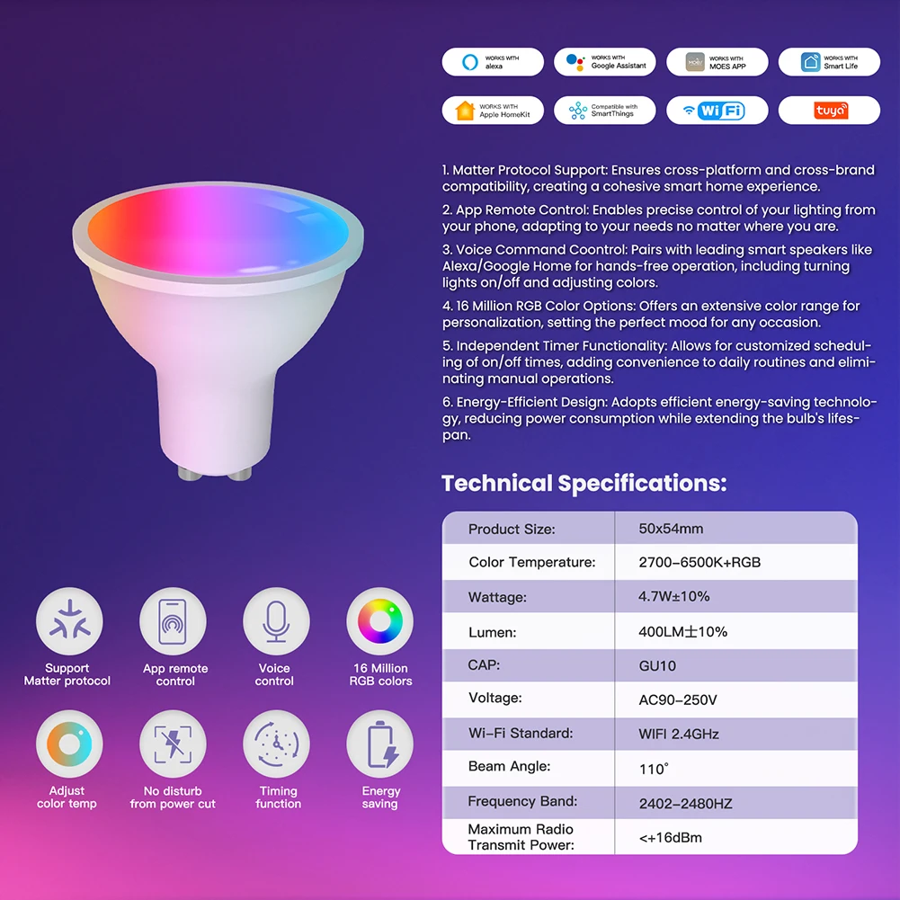 Lâmpada LED Inteligente com Wi-Fi, Lâmpada de Vela GU10, Controle Remoto APP, Compatível com Alexa, Google Home, 16 Milhões de Cores RGB, 4.7W, 400LM