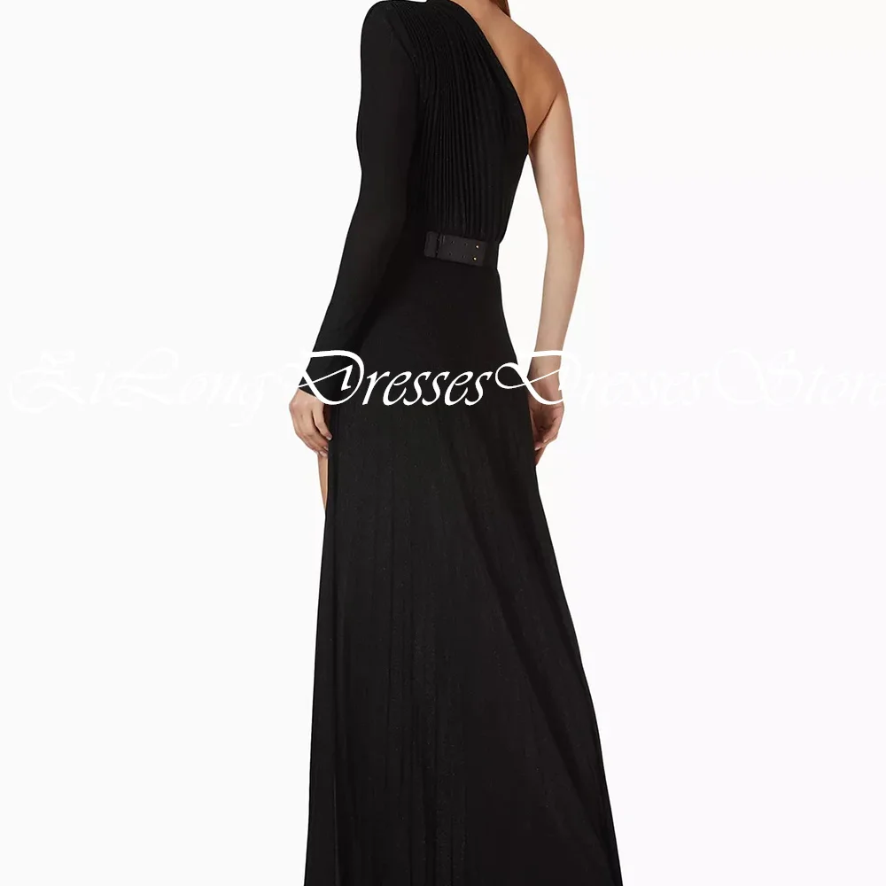 Evening Dresses Elegant For Wedding Beading Sashes One Shoulder Side Silt Long Sleeve Floor Length A-Line Chiffon Prom Gown 2024