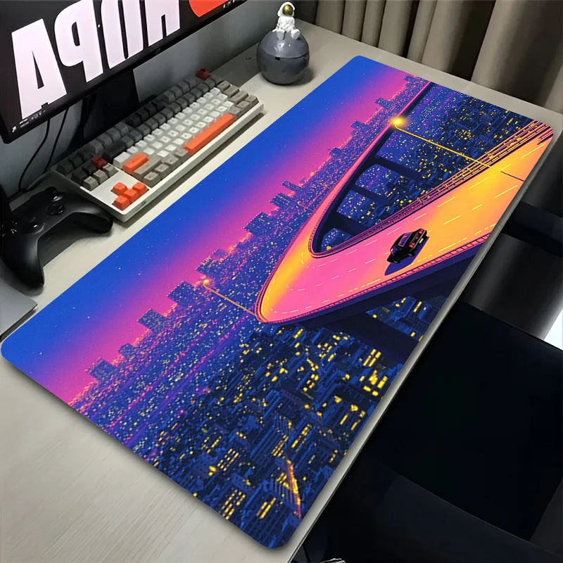 Mouse Pad Neon Urban Night Scene Large Desk Mat Retro Twilight City Computer Mousepad Anime Keyboard Gamer Accessories Table Pad