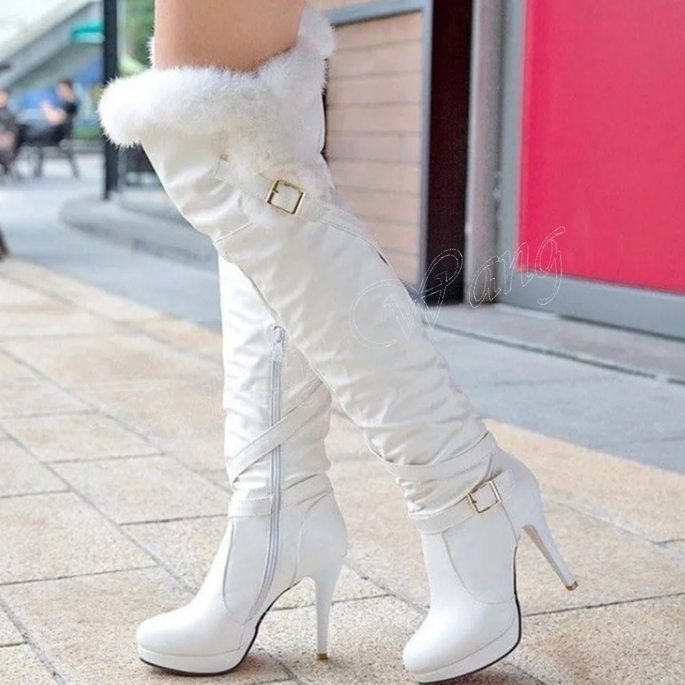 

White Over the Knee Fur Decor Buckle Boots Platform Round Toe High Heel Shoes for Women Runway High Heels 2023 Zapatillas Mujer