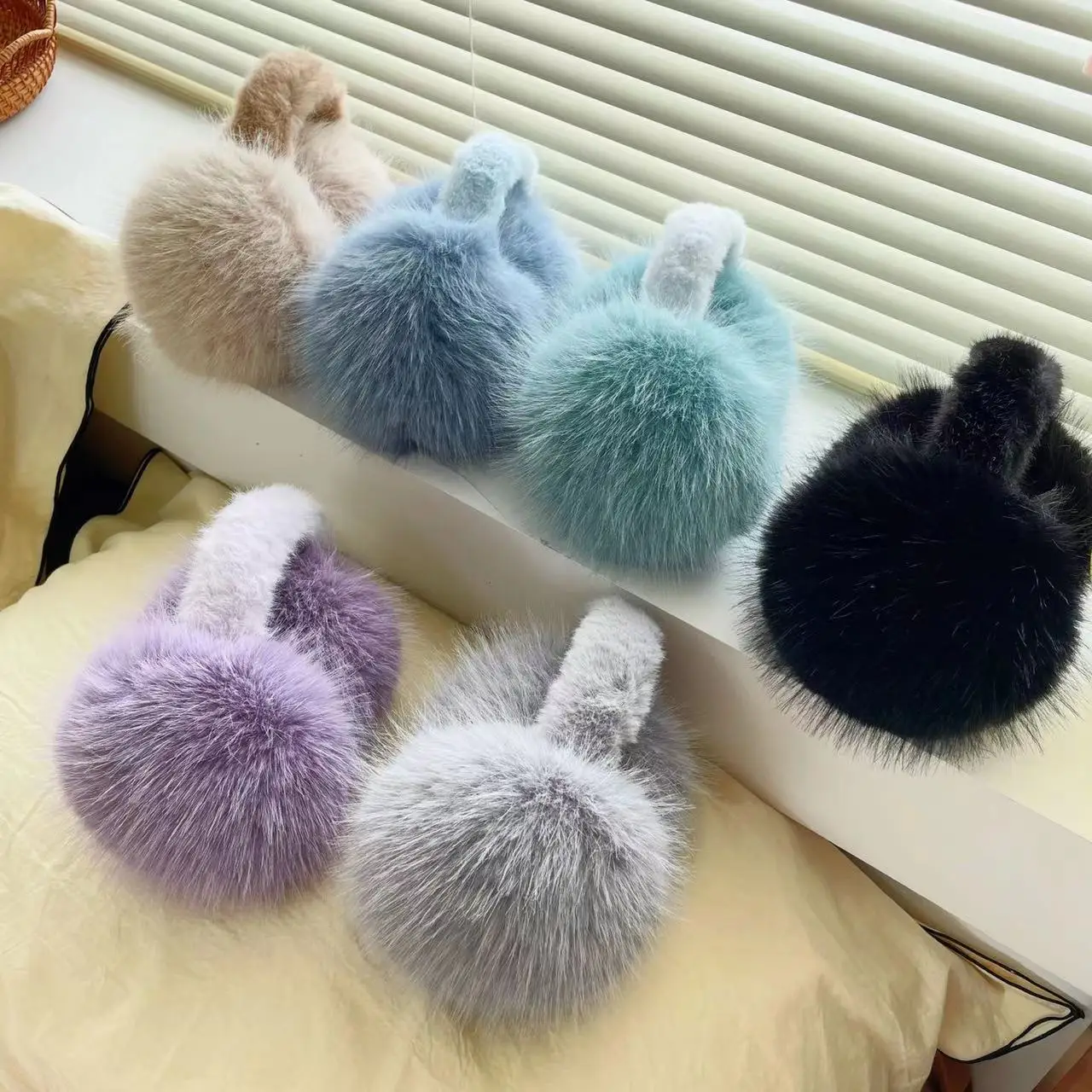 White Fur Furry Earmuffs for Women Girls Winter Outdoor Cycling Windproof Keep Warm Ear Covers Folding Soft Cute Plush Ear Cover