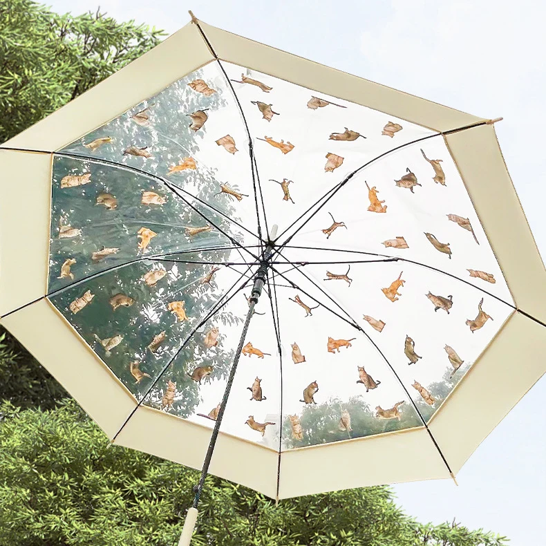 Cute Transparent Umbrella Girls Long Handle Korean Style Umbrella Woman Big Size Dog Cat Rain Umbrella Windproof Strong