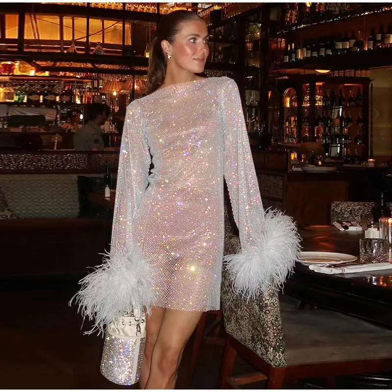 Hot Sale Women's Diamond Tops Ball Gown Dress Shiny Party Dress With Ostrich Feather Trim Rhinestone Mesh Knee-Length Organza