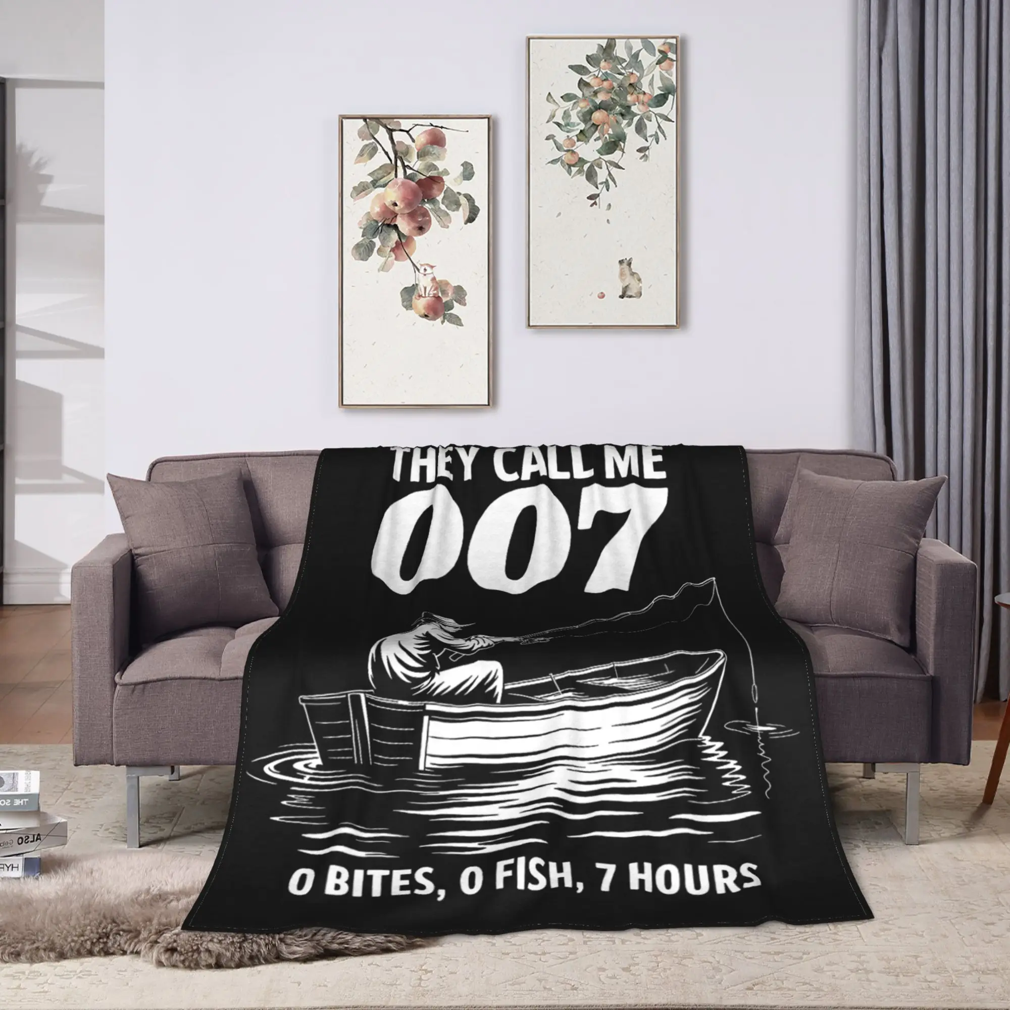 Funny Fishing They Call Me 007 0 Bites 0 Fish 7 Hours Humor Flannel Blanket  Super Soft Throw Blanket for Sofa Bed Cover
