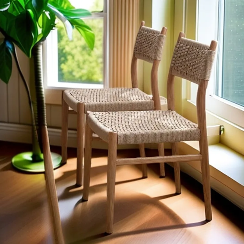 

Handwoven Rope Solid Wood Dining Chair,WabiSabi Style Vintage Comfortable Seating with Ergonomic Backrest for Kitchen LivingRoom