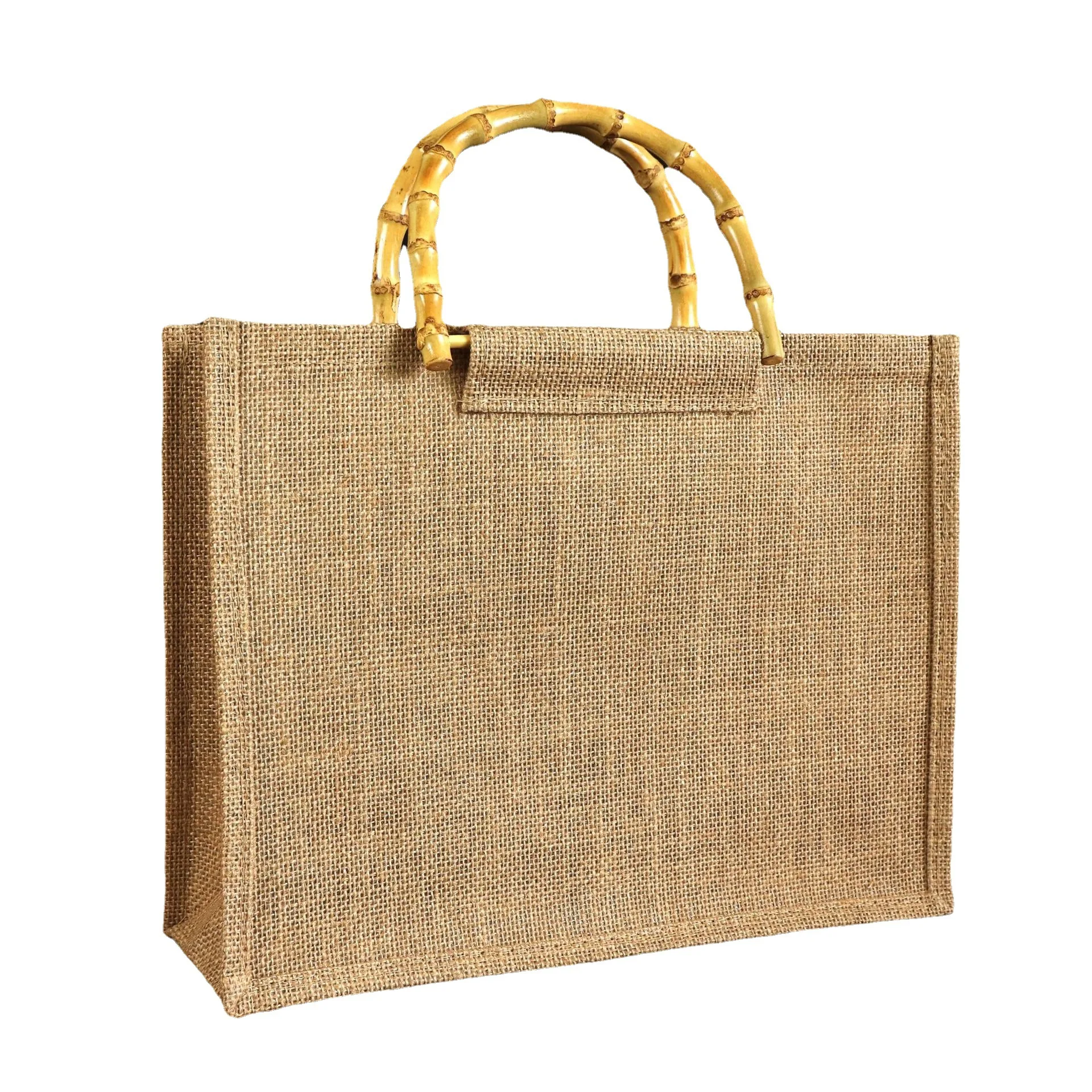 Portable Burlap Jute Shopping Handbag Bamboo Loop DIY Linen Hand Drawn Cotton Sacks Reusable Tote Grocery Bags for Women Girls