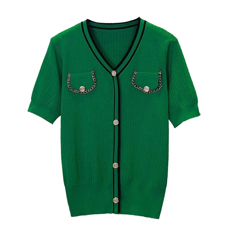 Women\'s Sweater Ice Silk Short Sleeve V Neck Colorblock Pullover 2024 Summer Korean Fashion Style Wear Outside Knitwear
