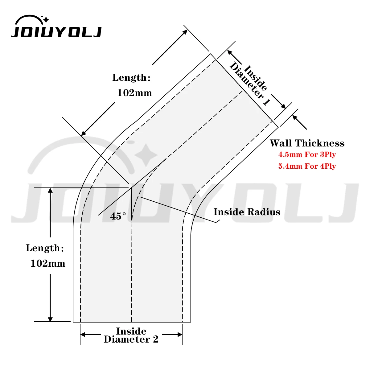 3PLY 102mm Length 45 Degree Reducer Elbow General Silicone Coolant Intercooler Pipe Tube Hose ID 13 16 19 25 28 32 35 38 40 44mm